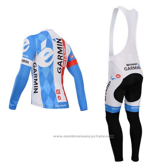 2014 Maillot Cyclisme Garmin Sharp Bleu Clair et Blanc Manches Longues et Cuissard